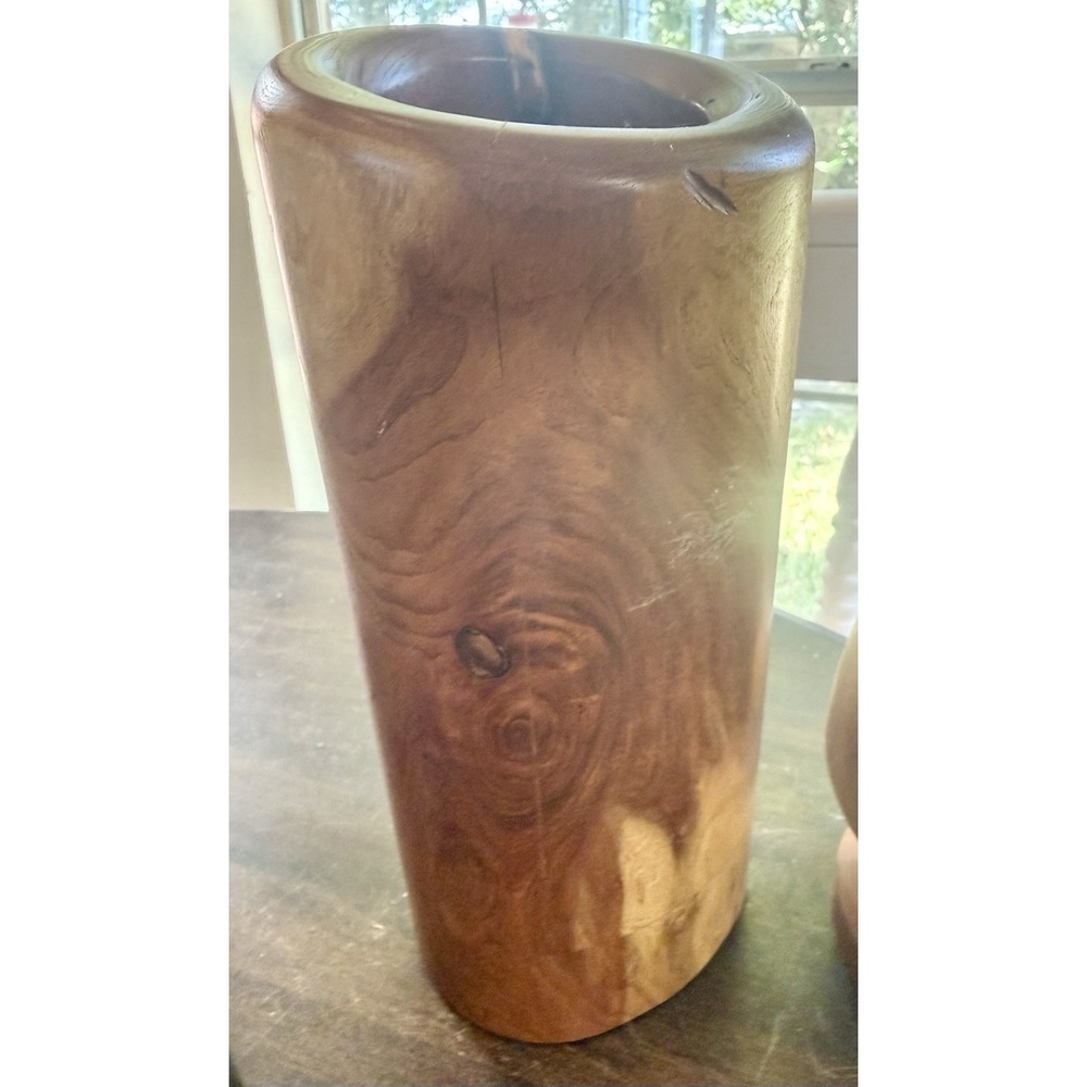 Vintage Hand Turned Solid Wood Decorative Vase Set 2 Rustic Artisa - Picture 3 of 9